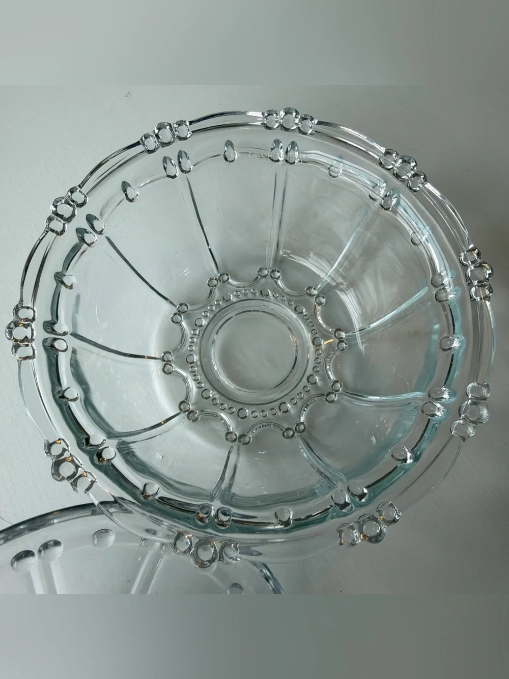 Vintage Clear Glass Covered Candy Dish Trinket Jewelry Bowl Beaded Lid 7”